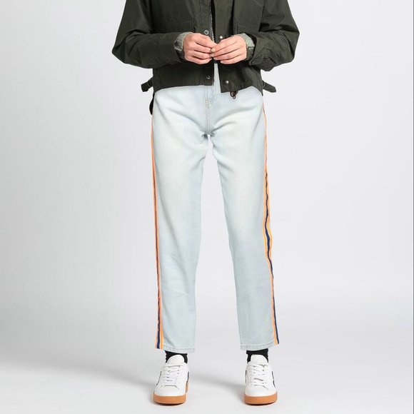 SHOP ★ ART Blue Denim pants side seam stripes 100% cotton jeans - Picture 2 of 15